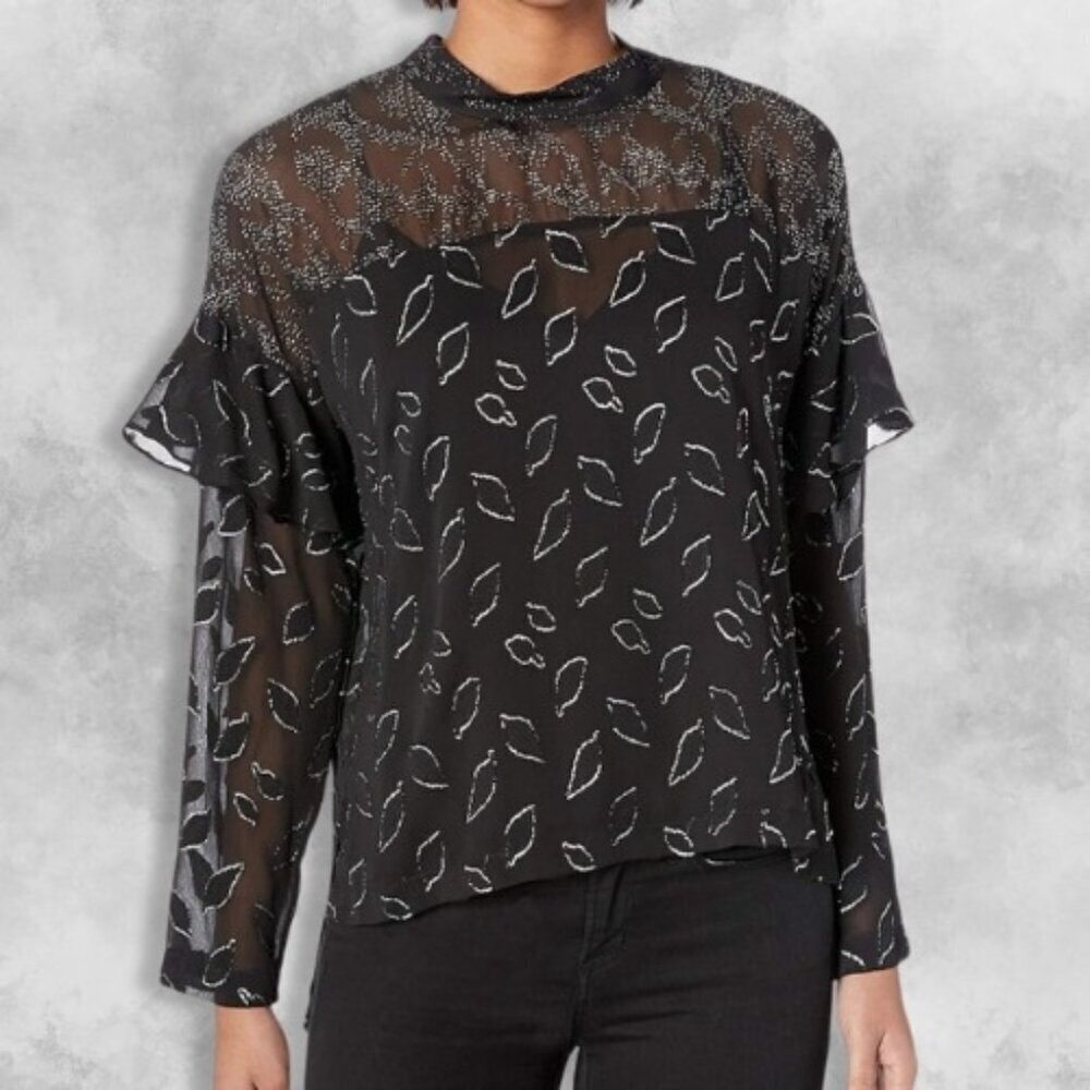 BCBG Sheer Top Blouse Cold Shoulder Metallic Chiffon Leaf Mock Neck Black W XS
